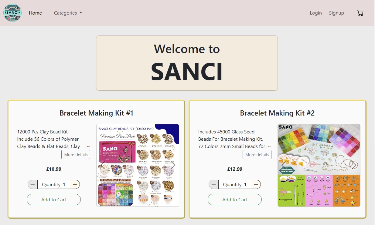 Screenshot of SANCI shopping eCart webapp, built using Bootstrap, PHP, and MySQL