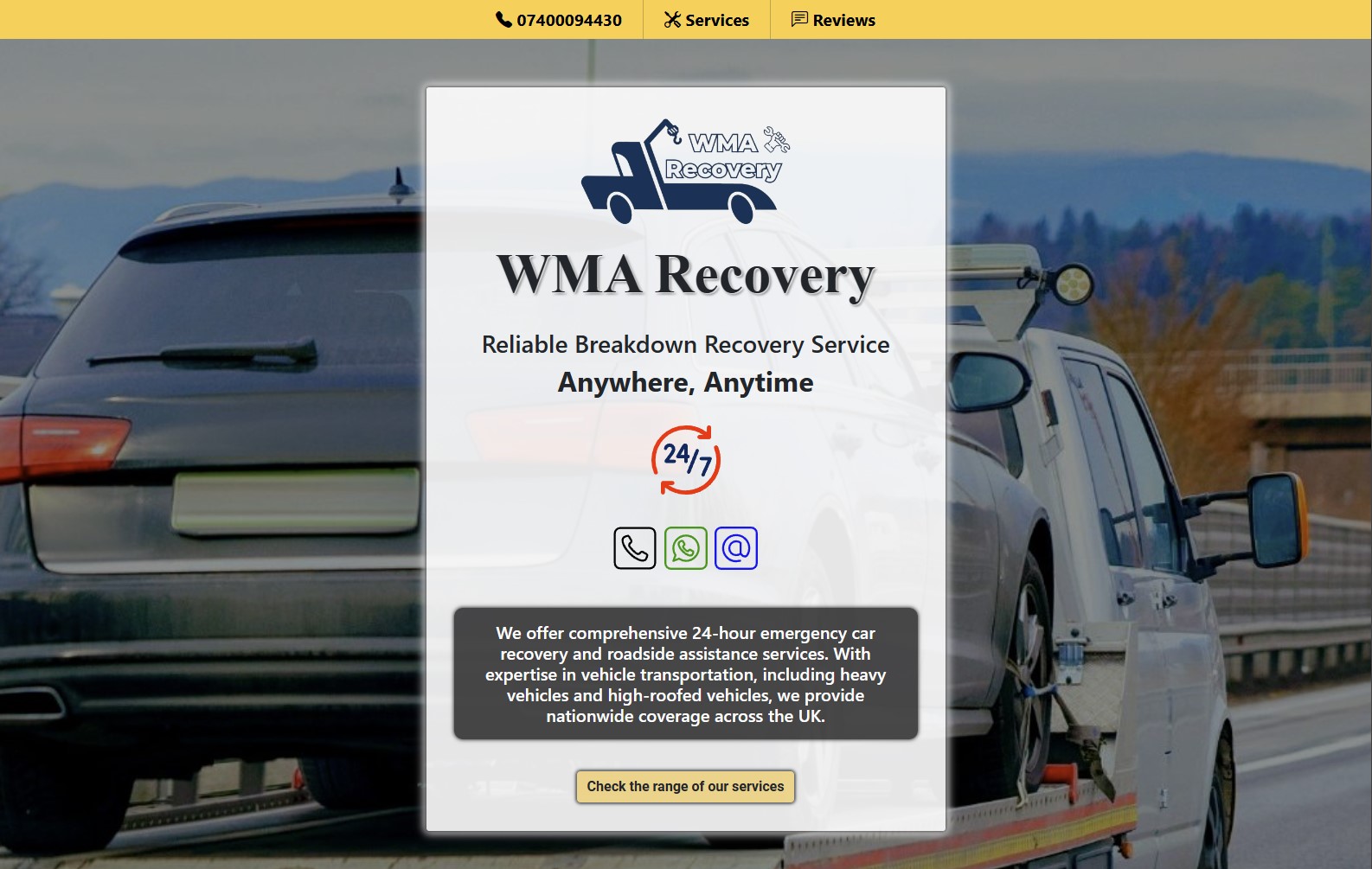 Screenshot of WMA Recovery service landing page, a responsive site built using Bootstrap